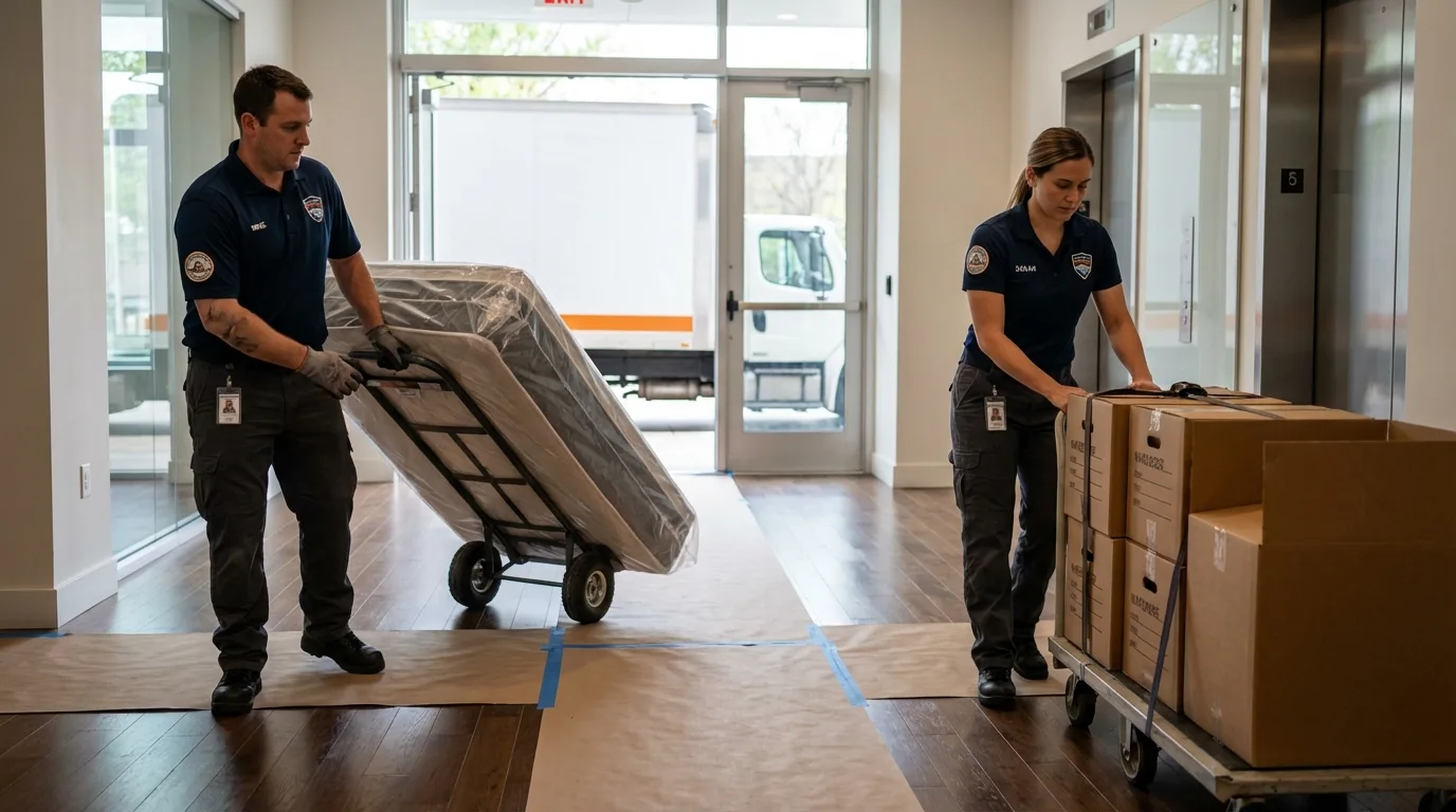 Professional apartment movers loading elevator in Winchester, NH