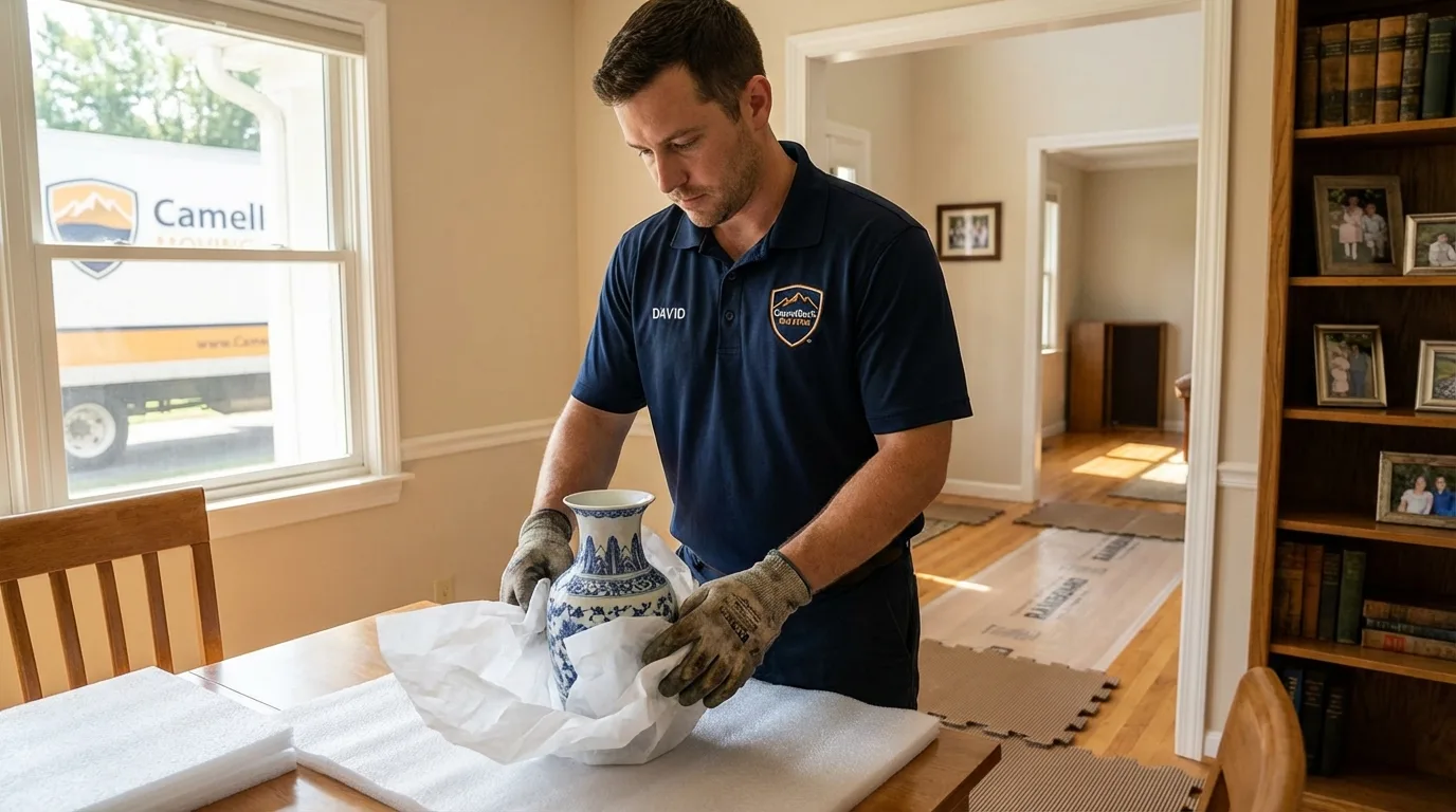 Professional crew carefully wrapping antique vase for senior downsizing move in Winchester, NH